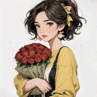 动漫少女捧花唯美图片