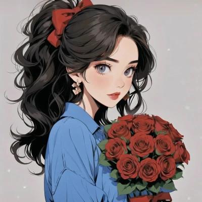 动漫少女捧花唯美图片