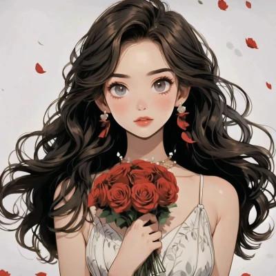 动漫少女捧花唯美图片