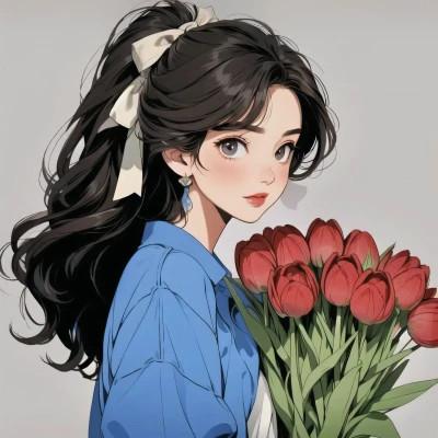 动漫少女捧花唯美图片