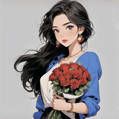 动漫少女捧花唯美图片