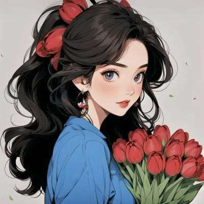 动漫少女捧花唯美图片