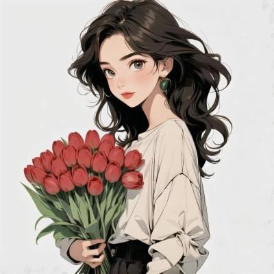 动漫少女捧花唯美图片