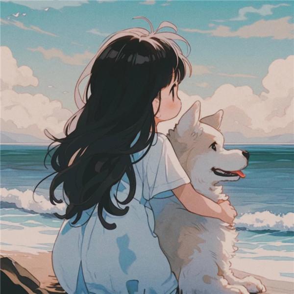海边女孩和狗狗的背影画