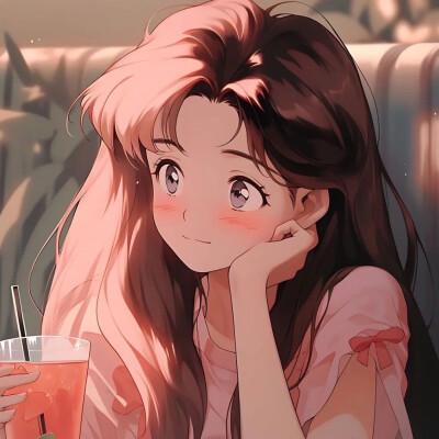 喝饮料的旧漫女生头像图片