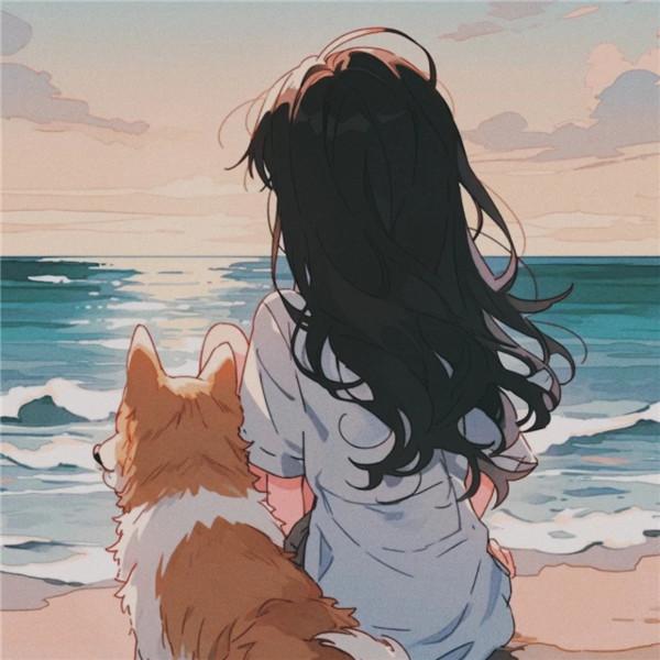 海边女孩和狗狗的背影画