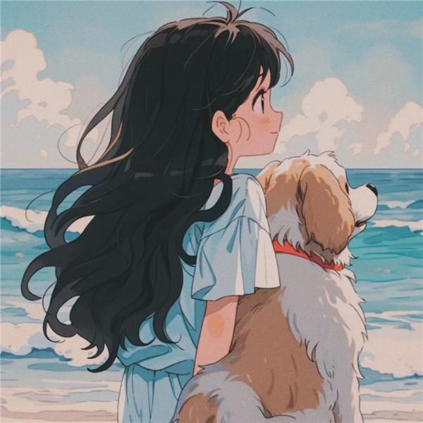 海边女孩和狗狗的背影画