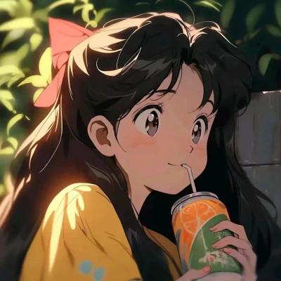 喝饮料的旧漫女生头像图片