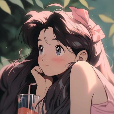 喝饮料的旧漫女生头像图片