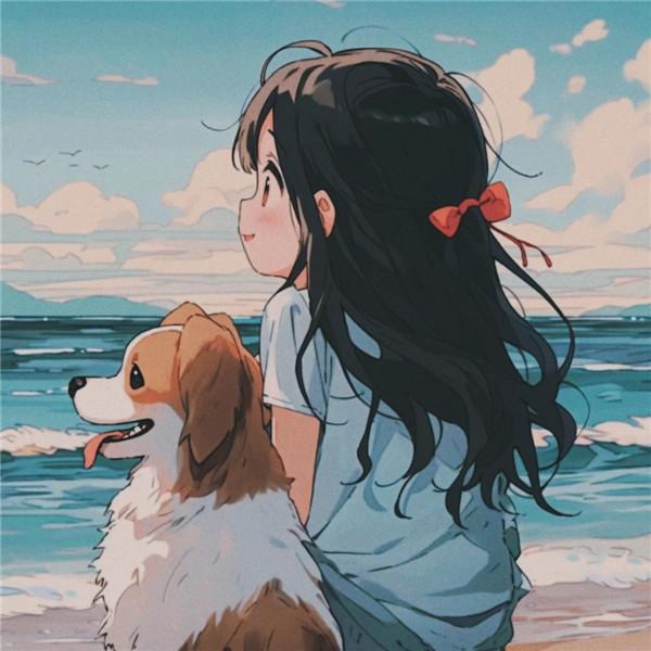 海边女孩和狗狗的背影画