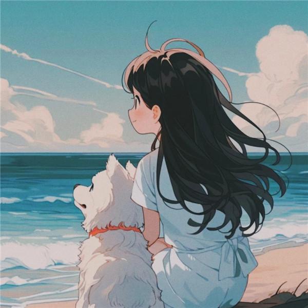 海边女孩和狗狗的背影画