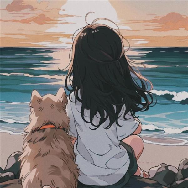 海边女孩和狗狗的背影画