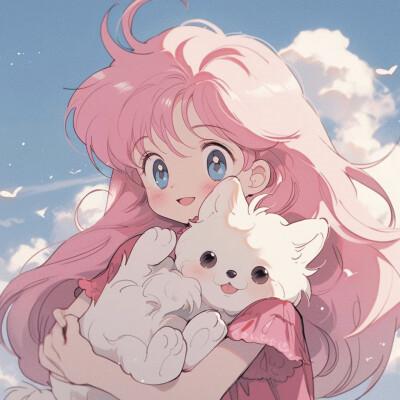 旧漫女生抱萌宠治愈系头像图片