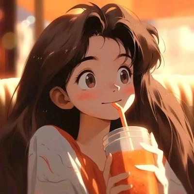 喝饮料的旧漫女生头像图片