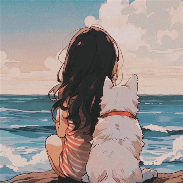 海边女孩和狗狗的背影画