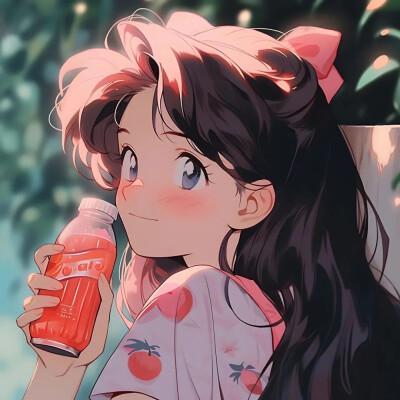 喝饮料的旧漫女生头像图片