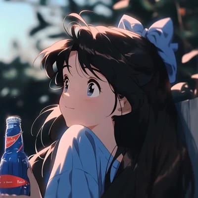 喝饮料的旧漫女生头像图片