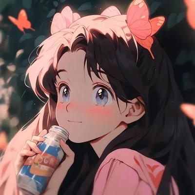 喝饮料的旧漫女生头像图片