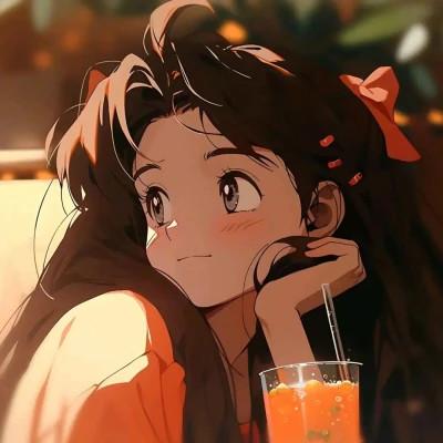 喝饮料的旧漫女生头像图片